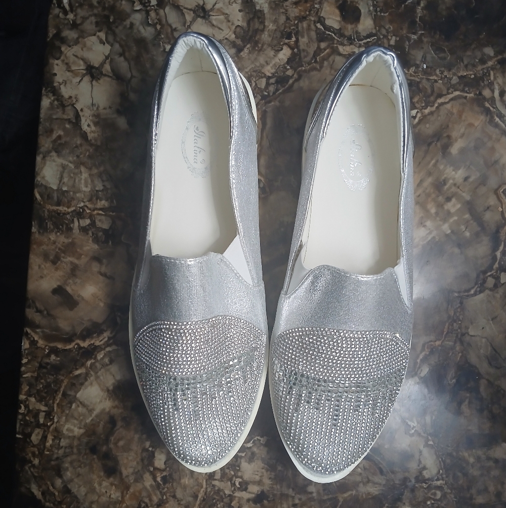 Italina Women's Silver & White Metallic Rhinestone Pointed Toe Slip On Loafer 10